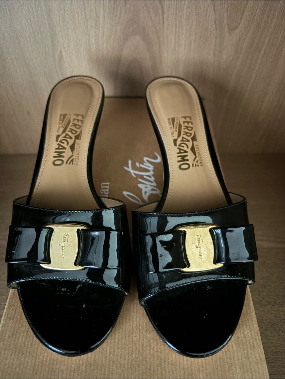 Salvatore Ferragamo Black Patent Vara Bow Slide Sandals